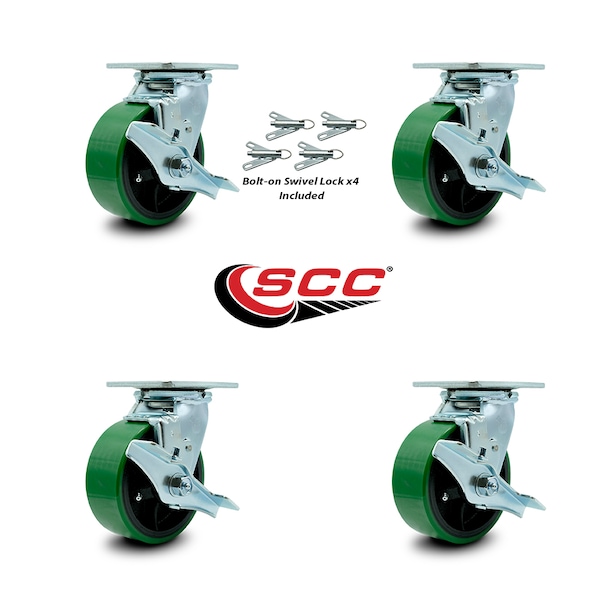 5 Inch Green Poly on Steel Caster Set with Roller Bearings and Brake/Swivel Lock